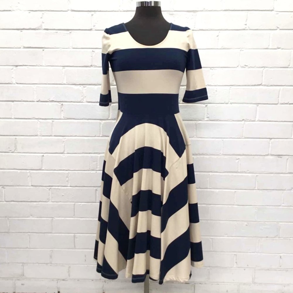 GORMAN Cotton Taylor Swift Navy Cream Parisian Stripe Fit and Flare Midi Dress - Picture 6 of 9